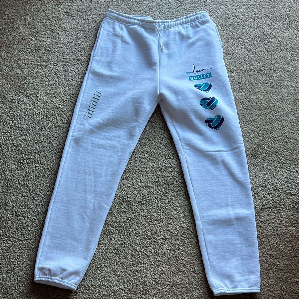Unisex White Sweatpants with Love Heart Volleyball Logo Sz. XL